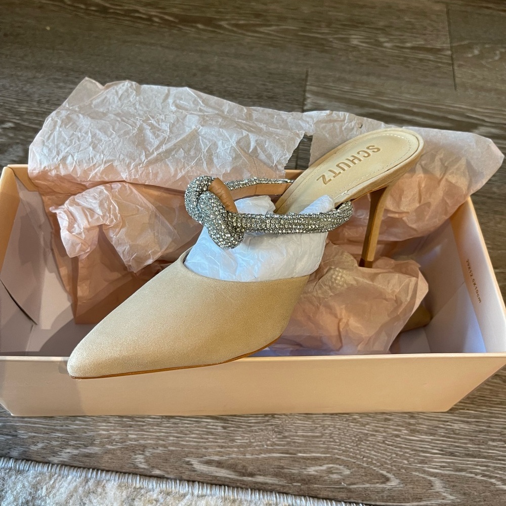 NWT Schutz Pearl Rhinestone Heeled Mule Nubuck 5B - Picture 3 of 5